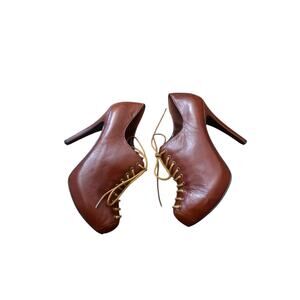 Chinese Laundry Brown Leather Lace Up Platform Heel Booties Womens 8.5`